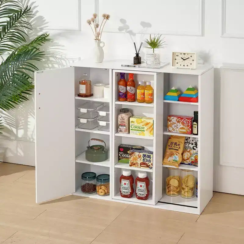 Meuble de Rangement au Sol à 4 Niveaux, Armoire de Cuisine avec Porte et Étagères Réglables, Organiseur Autonome pour Salle de Bain, Blanc