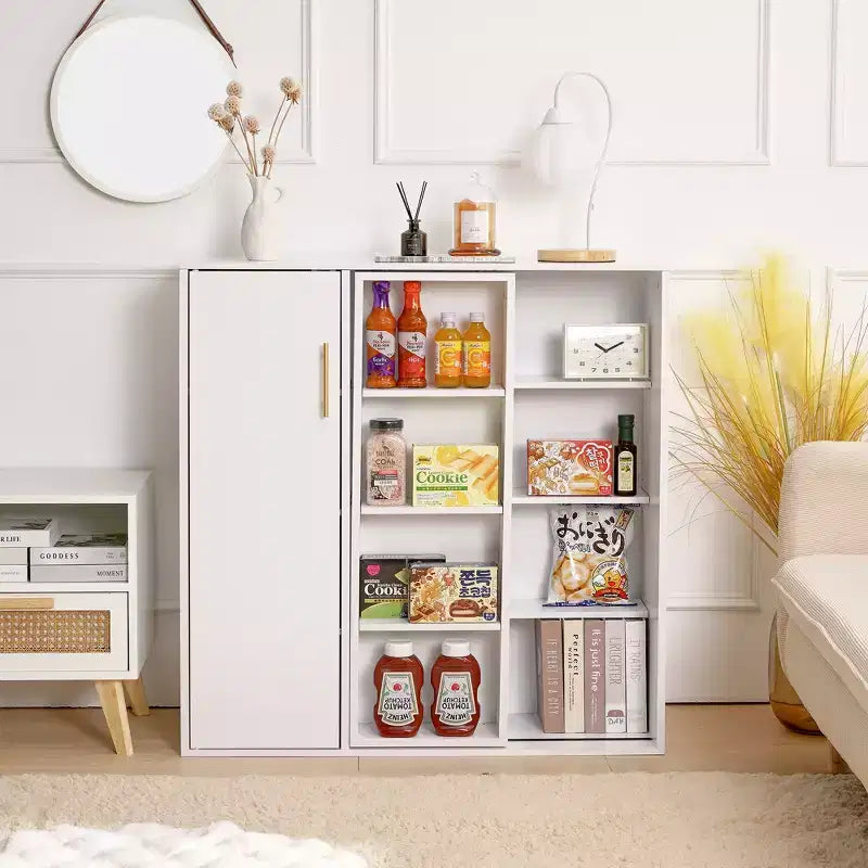 Meuble de Rangement au Sol à 4 Niveaux, Armoire de Cuisine avec Porte et Étagères Réglables, Organiseur Autonome pour Salle de Bain, Blanc