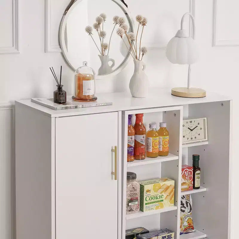 Meuble de Rangement au Sol à 4 Niveaux, Armoire de Cuisine avec Porte et Étagères Réglables, Organiseur Autonome pour Salle de Bain, Blanc