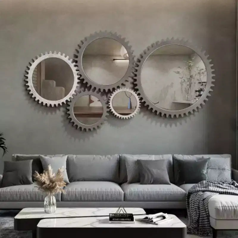 Miroir décoratif mural rond en bois en forme d'engrenage lourd de 66 x 66 cm pour salle de bain, salon, entrée ou à assembler à votre guise