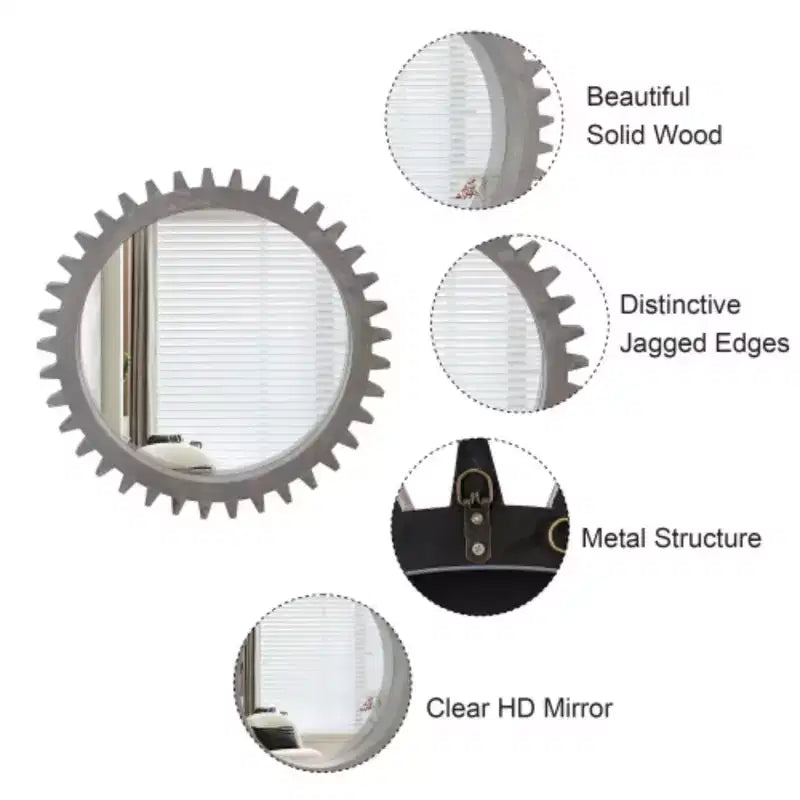 Miroir décoratif mural rond en bois en forme d'engrenage lourd de 66 x 66 cm pour salle de bain, salon, entrée ou à assembler à votre guise