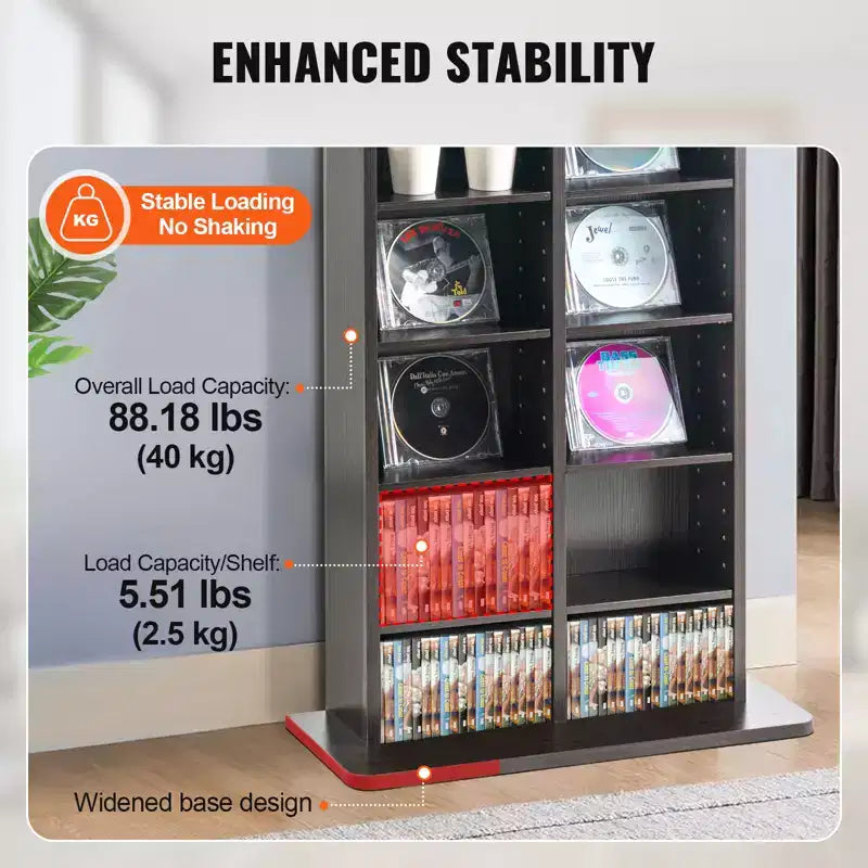 Meuble de rangement multimédia – 8 niveaux, 16 compartiments, capacité 464 CD/DVD