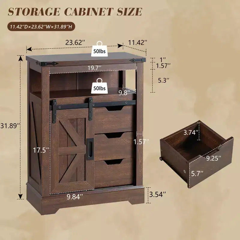 Meuble bas de ferme avec porte coulissante de style grange, 3 tiroirs