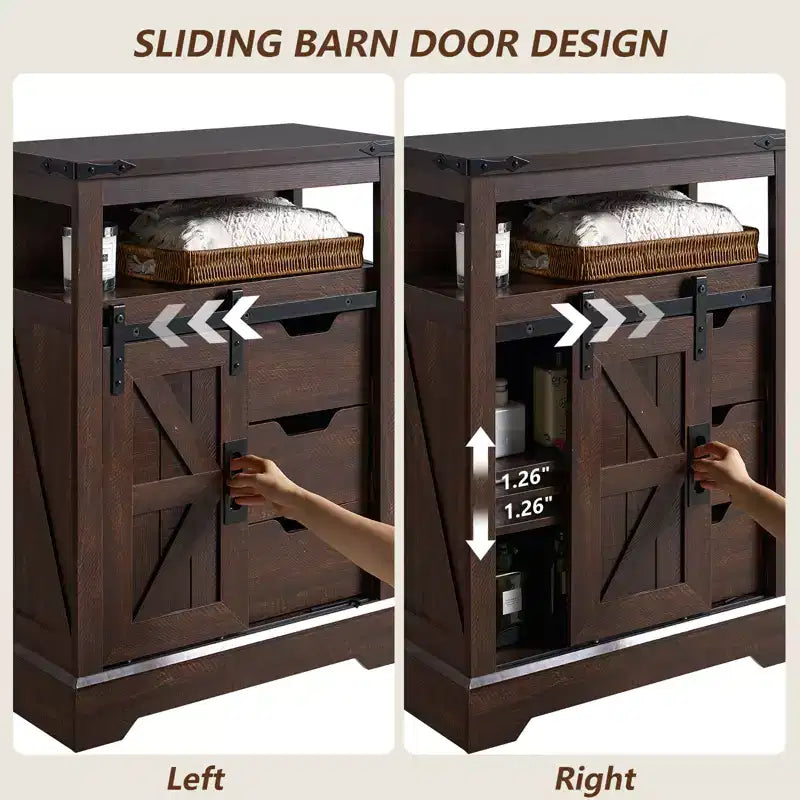 Meuble bas de ferme avec porte coulissante de style grange, 3 tiroirs