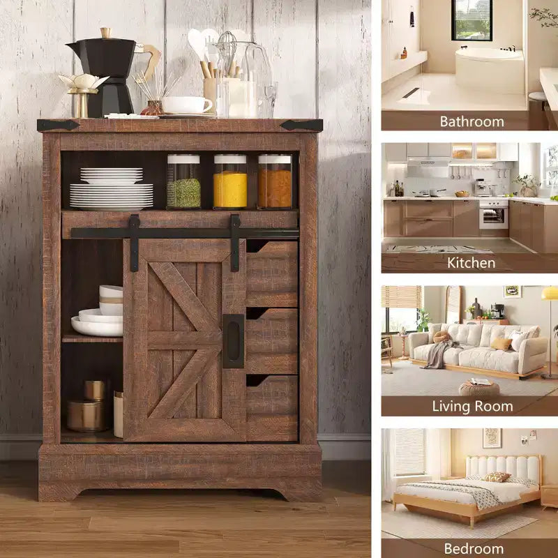 Meuble bas de ferme avec porte coulissante de style grange, 3 tiroirs