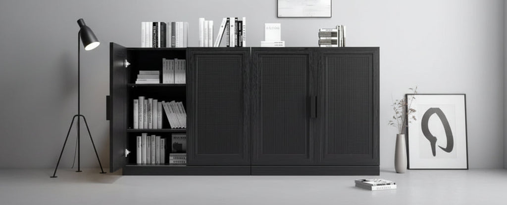 31x62x16 Wood Grain Buffet Cabinet in Black, Storage Organizer with Adjustable Shelves and Rattan Doors for Kitchen Bedroom Living/Dinning Room