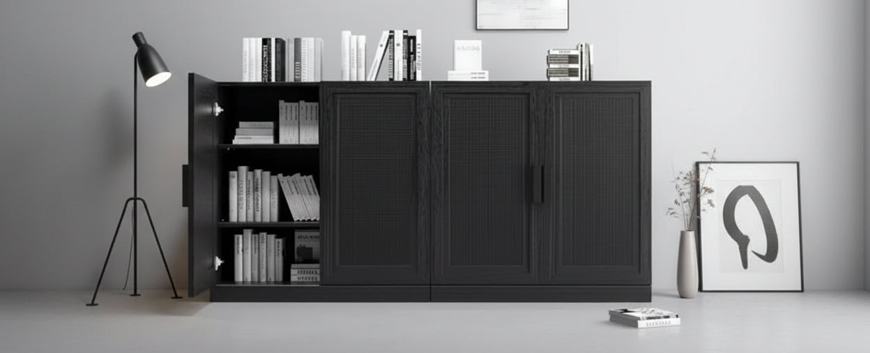 31x62x16 Wood Grain Buffet Cabinet in Black, Storage Organizer with Adjustable Shelves and Rattan Doors for Kitchen Bedroom Living/Dinning Room