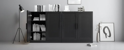 31x62x16 Wood Grain Buffet Cabinet in Black, Storage Organizer with Adjustable Shelves and Rattan Doors for Kitchen Bedroom Living/Dinning Room