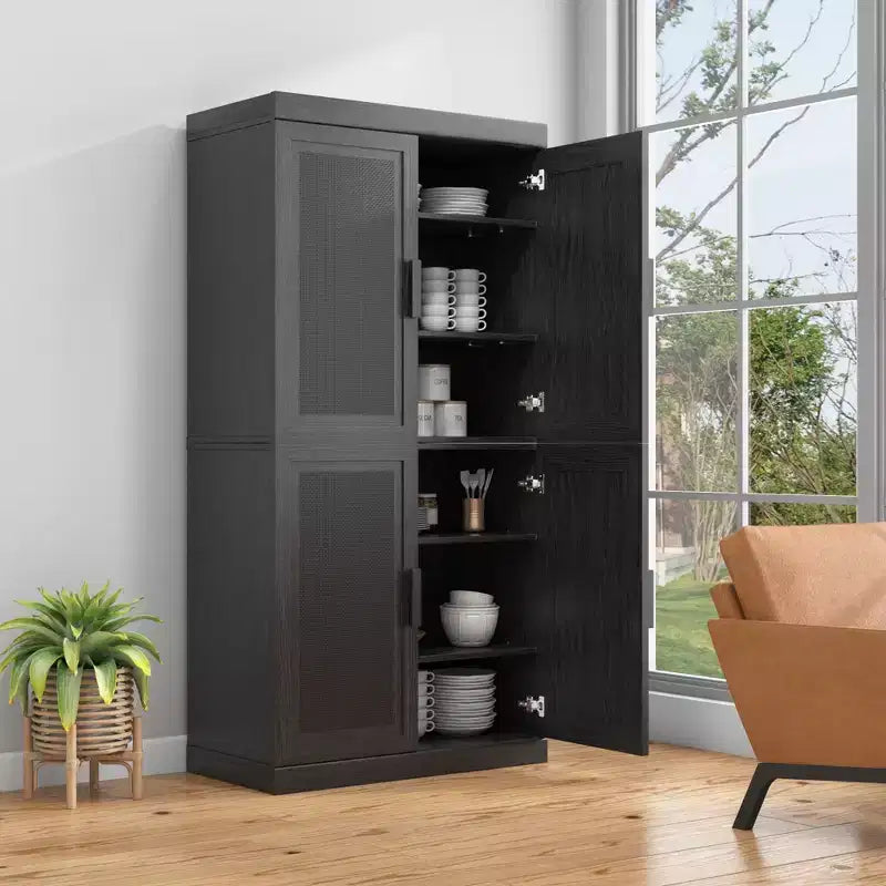 Bahut à grain de bois noir de 31x62x16, organisateur de rangement avec étagères réglables et portes en rotin pour cuisine, chambre, salon/salle à manger