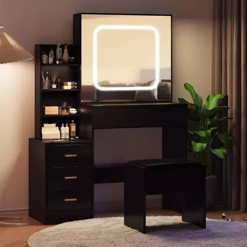 Coiffeuse avec lumières, coiffeuse de maquillage avec miroir coulissant éclairé, table de maquillage avec tiroirs