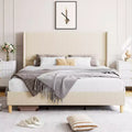 Full Size Corduroy Upholstered Bed Frame, Platform Bed with 51 Tall Vertical Stripe Wingback Headboard, No Box Spring Needed/Wooden Slats/Beige