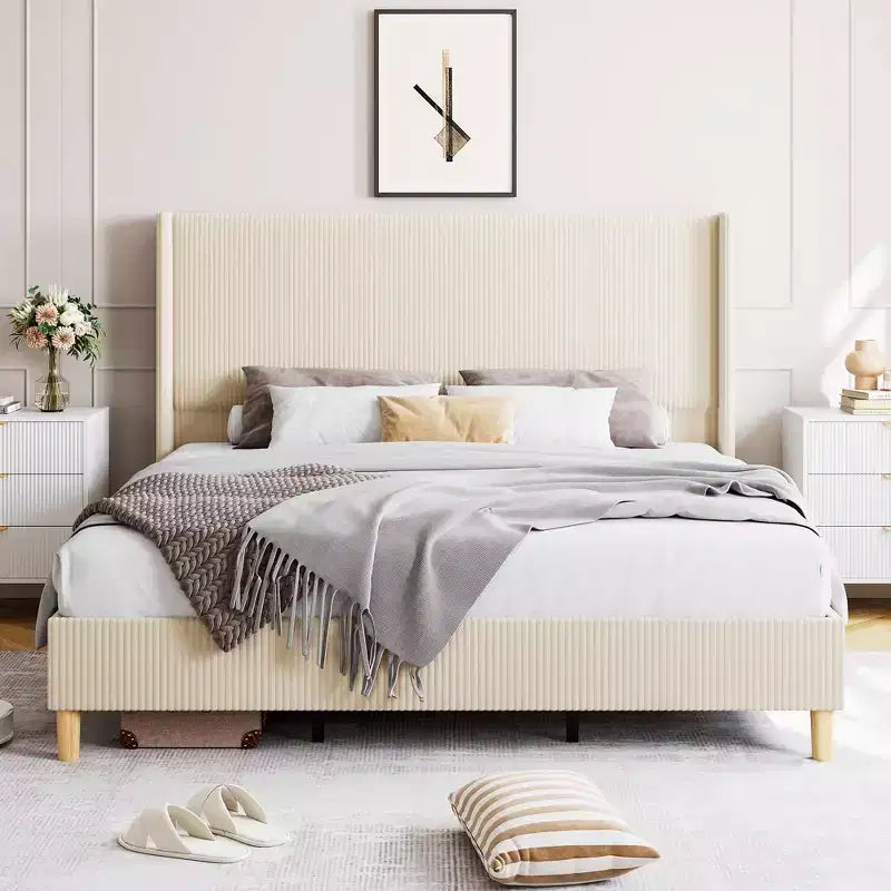Full Size Corduroy Upholstered Bed Frame, Platform Bed with 51 Tall Vertical Stripe Wingback Headboard, No Box Spring Needed/Wooden Slats/Beige