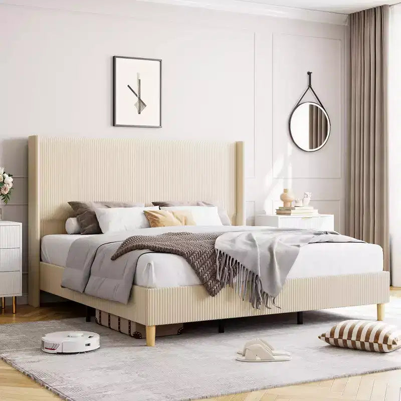 Cadre de lit double rembourré en velours côtelé, lit plateforme avec tête de lit capitonnée à rayures verticales de 129,5 cm de hauteur, sommier tapissier non requis/lattes en bois/beige