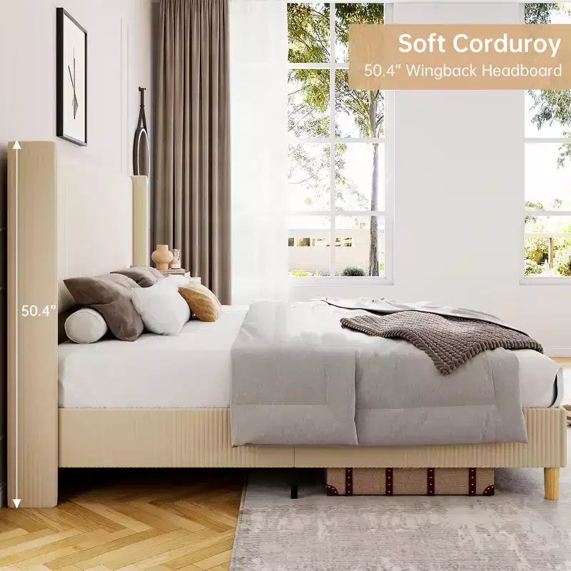 Cadre de lit double rembourré en velours côtelé, lit plateforme avec tête de lit capitonnée à rayures verticales de 129,5 cm de hauteur, sommier tapissier non requis/lattes en bois/beige