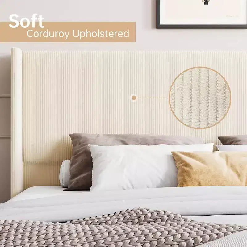 Cadre de lit double rembourré en velours côtelé, lit plateforme avec tête de lit capitonnée à rayures verticales de 129,5 cm de hauteur, sommier tapissier non requis/lattes en bois/beige