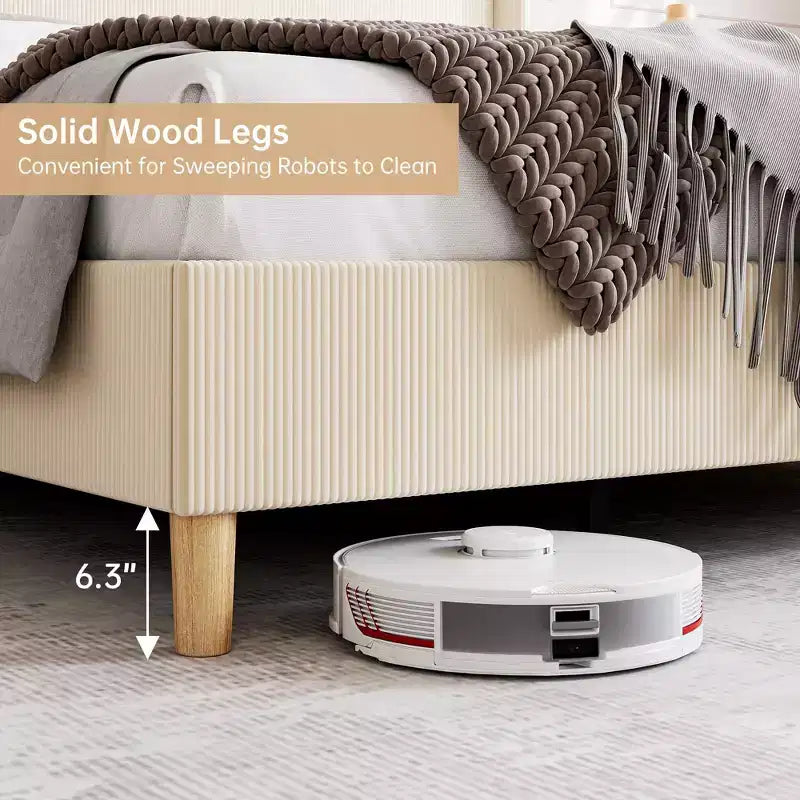Cadre de lit double rembourré en velours côtelé, lit plateforme avec tête de lit capitonnée à rayures verticales de 129,5 cm de hauteur, sommier tapissier non requis/lattes en bois/beige