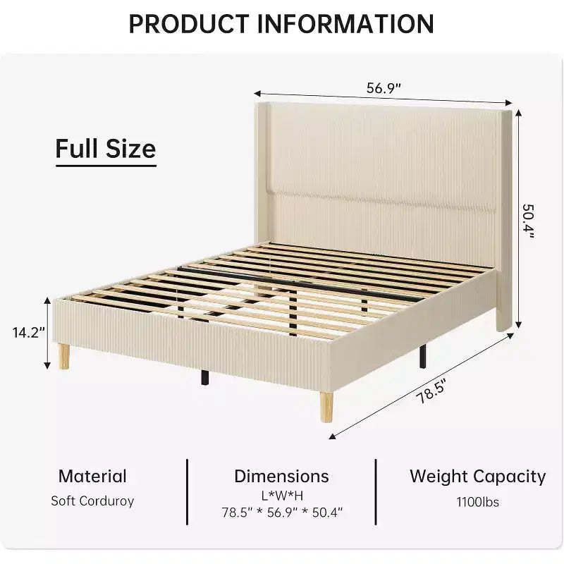 Cadre de lit double rembourré en velours côtelé, lit plateforme avec tête de lit capitonnée à rayures verticales de 129,5 cm de hauteur, sommier tapissier non requis/lattes en bois/beige
