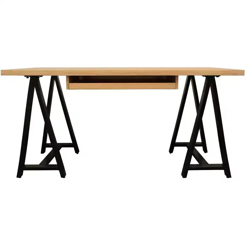 HomeRoots 60 Natural and Black Solid Wood and Metal Trestle Executive Desk