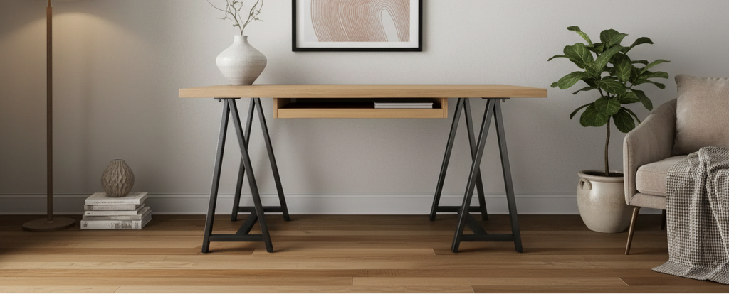 Bureau de direction à tréteaux en bois massif naturel et noir et métal, 60 po