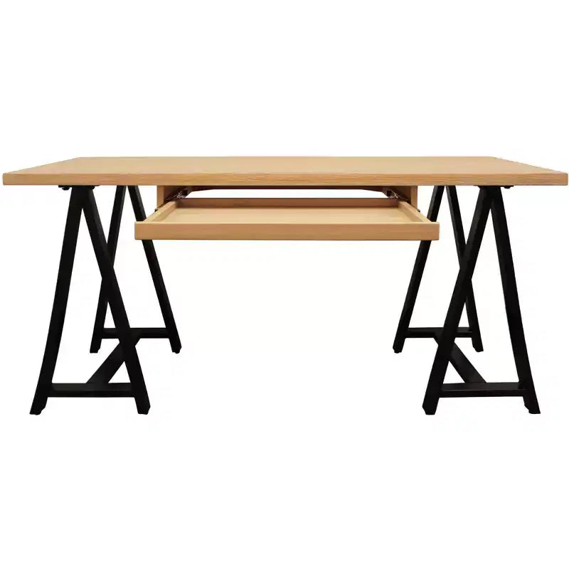 Bureau de direction à tréteaux en bois massif naturel et noir et métal, 60 po