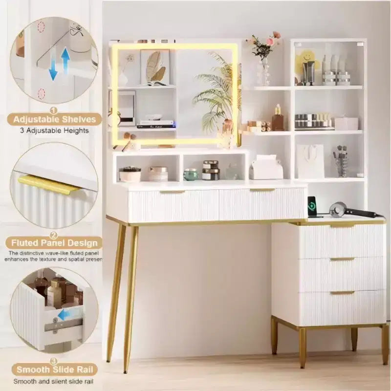 Commode de chambre avec lumière et prise de courant, étagère de rangement en bois avec 5 tiroirs, design alcôve moderne, parfaite pour chambre ou dressing