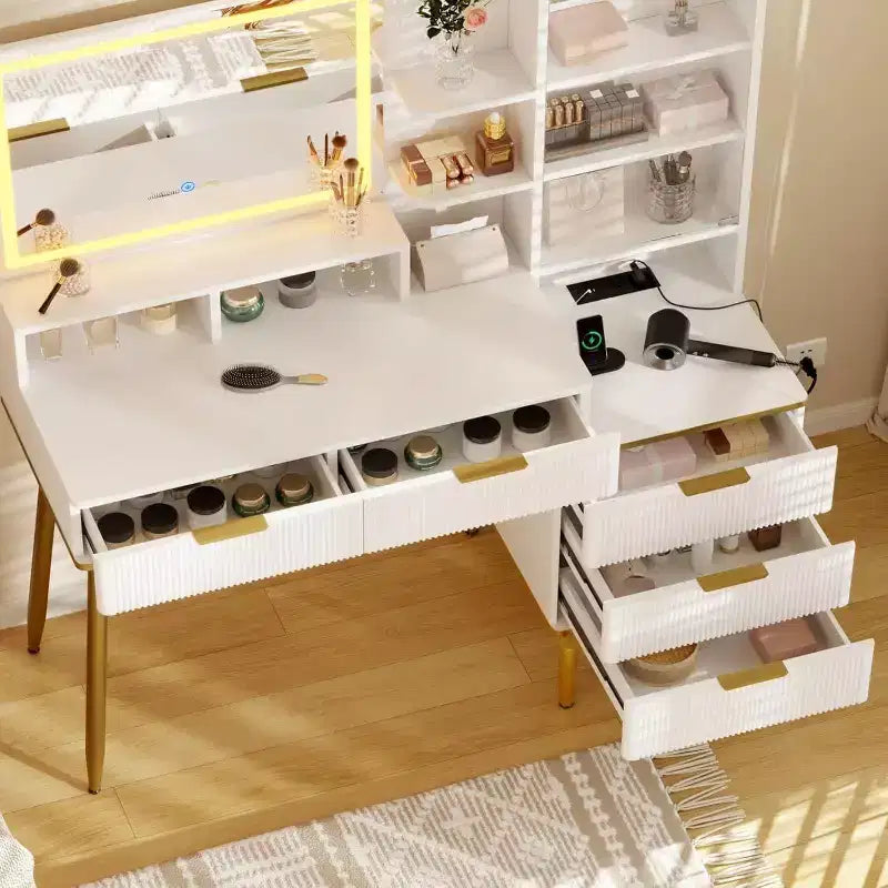 Commode de chambre avec lumière et prise de courant, étagère de rangement en bois avec 5 tiroirs, design alcôve moderne, parfaite pour chambre ou dressing