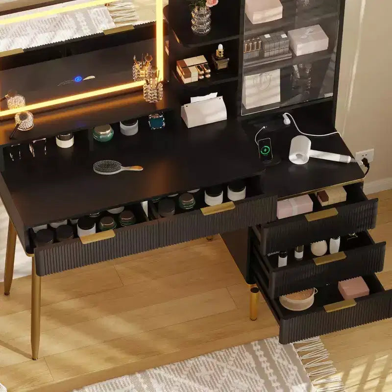 Commode de chambre avec lumière et prise de courant, étagère de rangement en bois avec 5 tiroirs, design alcôve moderne, parfaite pour chambre ou dressing